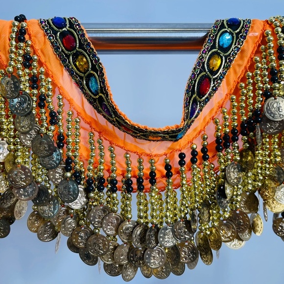 Belly Dance Hip Wrap Vibrant Orange with Gold Coins and Colorful Gems - Picture 3 of 3
